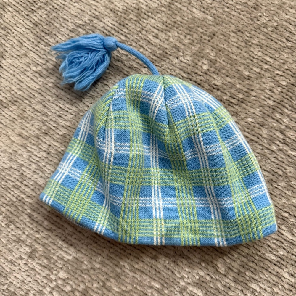 L.L. Bean Kids Plaid Fleece Lined Beanie Hat Blue Green Tassel Small